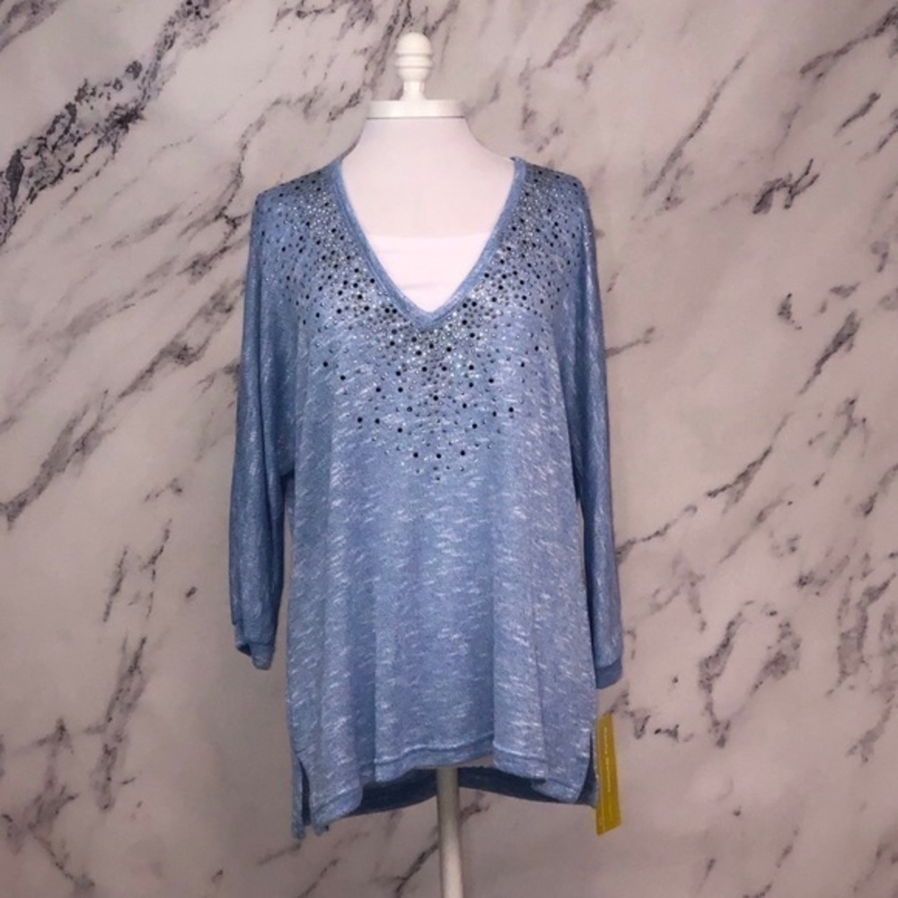 NWT. CATHY DANIELS BLUE EMBELLISHED SWEATER 1X